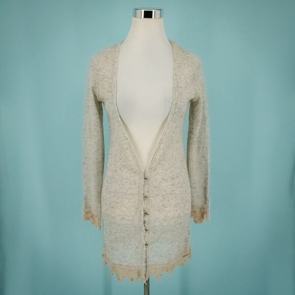 Free People Size XS Oatmeal Lace Button Long Sleeve Linen Duster Tunic Cardigan - Picture 1 of 7